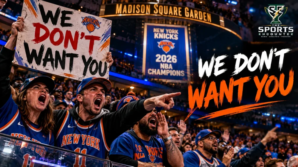 Cinematic editorial illustration of New York Knicks fans chanting “We Don’t Want You” at Madison Square Garden during LeBron James’ return with the Philadelphia 76ers, featuring The Sports Encounter’s official logo.