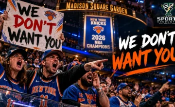 Cinematic editorial illustration of New York Knicks fans chanting “We Don’t Want You” at Madison Square Garden during LeBron James’ return with the Philadelphia 76ers, featuring The Sports Encounter’s official logo.
