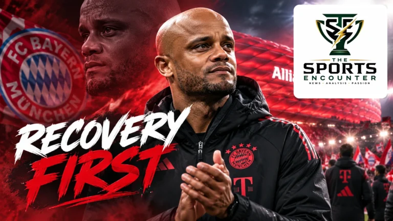 Vincent Kompany, Bayern Munich head coach, shown in a cinematic editorial portrait following his October 2026 hospital discharge.