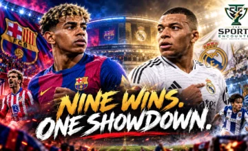 Lamine Yamal celebrates Barcelona's 5-2 win against Real Betis alongside Kylian Mbappé after Real Madrid's 4-1 victory over Sevilla, highlighting the approaching Clásico and Barcelona's ninth straight La Liga win.