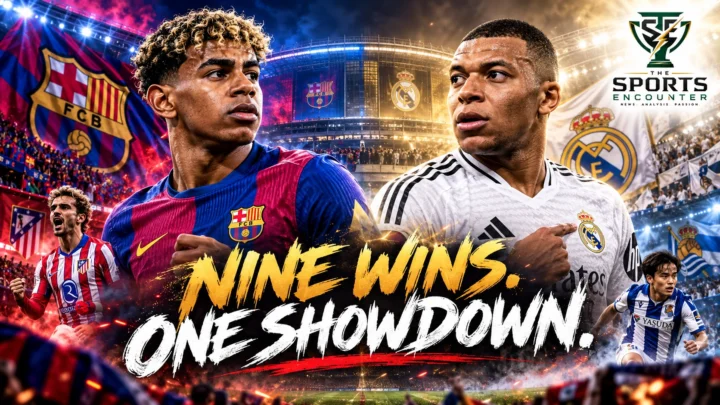 Lamine Yamal celebrates Barcelona's 5-2 win against Real Betis alongside Kylian Mbappé after Real Madrid's 4-1 victory over Sevilla, highlighting the approaching Clásico and Barcelona's ninth straight La Liga win.