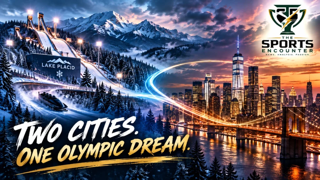 Panoramic composite of Lake Placid's Olympic winter sports facilities in the Adirondack Mountains and New York City's skyline, illustrating the proposed joint 2042 Winter Olympics hosting concept.