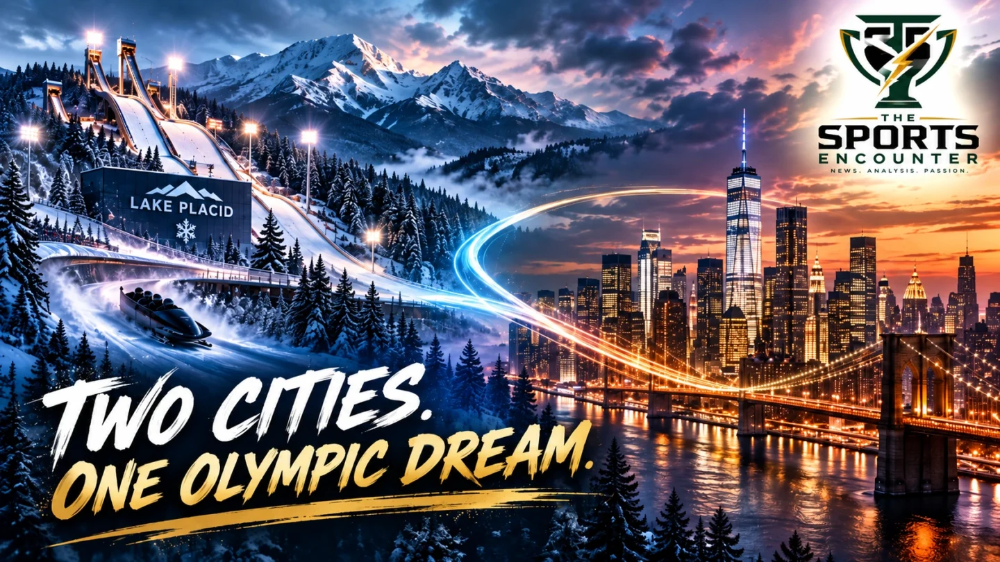 Panoramic composite of Lake Placid's Olympic winter sports facilities in the Adirondack Mountains and New York City's skyline, illustrating the proposed joint 2042 Winter Olympics hosting concept.