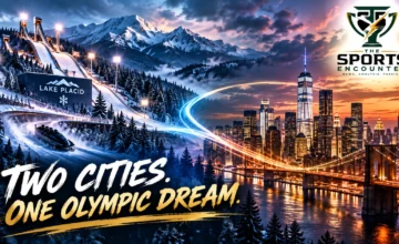 Panoramic composite of Lake Placid's Olympic winter sports facilities in the Adirondack Mountains and New York City's skyline, illustrating the proposed joint 2042 Winter Olympics hosting concept.