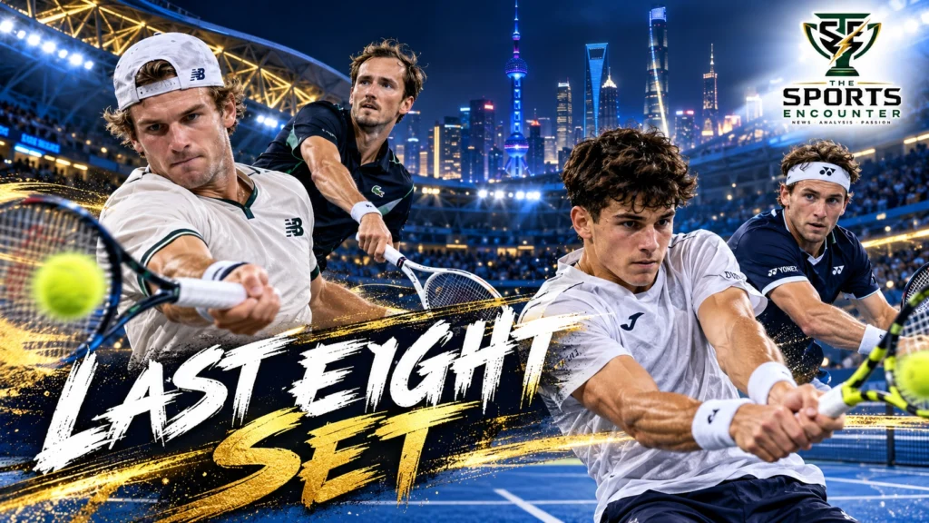 Tommy Paul competing at the 2026 Shanghai Masters, alongside Rafael Jódar and Daniil Medvedev in an editorial composite highlighting the quarterfinal qualifiers.