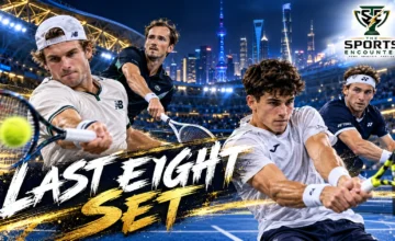 Tommy Paul competing at the 2026 Shanghai Masters, alongside Rafael Jódar and Daniil Medvedev in an editorial composite highlighting the quarterfinal qualifiers.