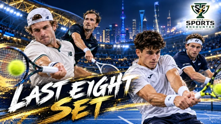 Tommy Paul competing at the 2026 Shanghai Masters, alongside Rafael Jódar and Daniil Medvedev in an editorial composite highlighting the quarterfinal qualifiers.