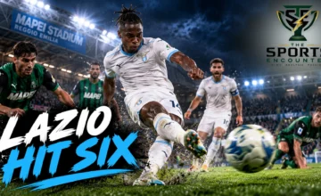 Cinematic illustration of Tijjani Noslin celebrating Lazio's 6-2 Serie A victory over Sassuolo at Mapei Stadium on October 27, 2026, with Lazio teammates and the official The Sports Encounter logo.