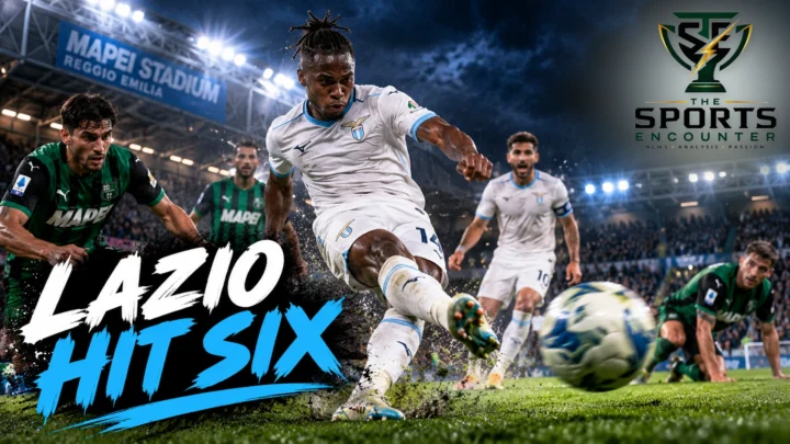 Cinematic illustration of Tijjani Noslin celebrating Lazio's 6-2 Serie A victory over Sassuolo at Mapei Stadium on October 27, 2026, with Lazio teammates and the official The Sports Encounter logo.