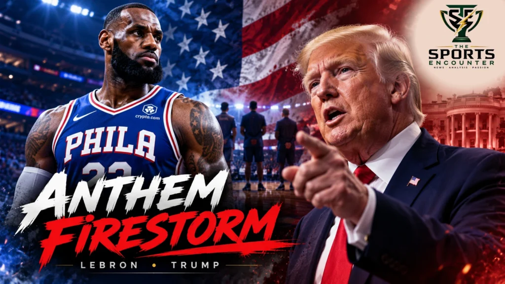 Philadelphia 76ers forward LeBron James and United States President Donald Trump featured in a graphic about their October 2026 dispute over national anthem conduct at Madison Square Garden.