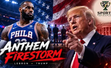 Philadelphia 76ers forward LeBron James and United States President Donald Trump featured in a graphic about their October 2026 dispute over national anthem conduct at Madison Square Garden.