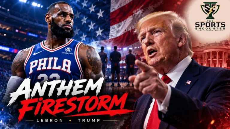 Philadelphia 76ers forward LeBron James and United States President Donald Trump featured in a graphic about their October 2026 dispute over national anthem conduct at Madison Square Garden.