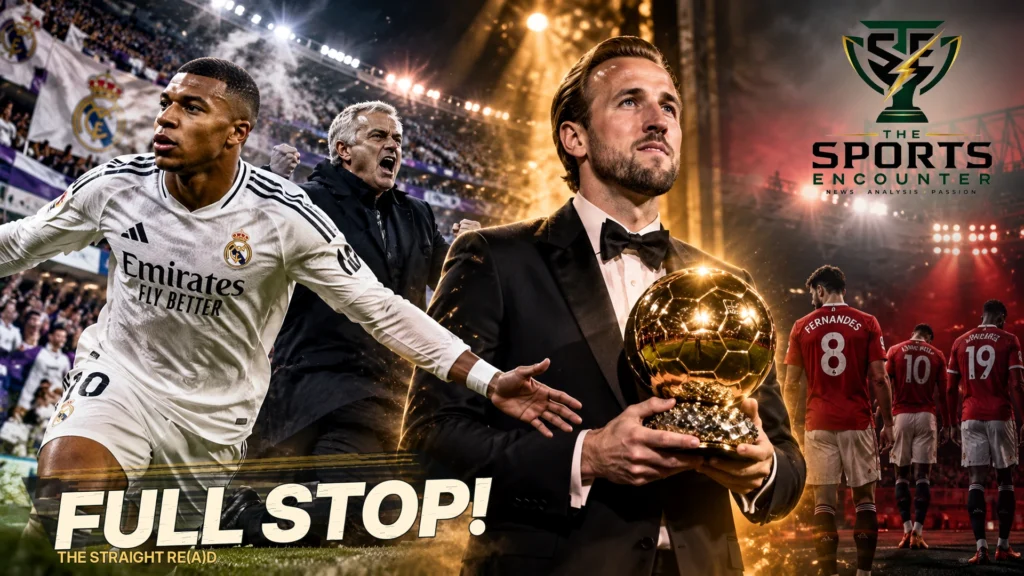 Cinematic football editorial illustration representing Real Madrid's Clásico victory, Harry Kane's Ballon d'Or triumph, and Manchester United's struggles in October 2026.