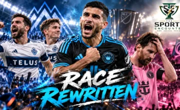 Cinematic MLS illustration featuring Liel Abada celebrating Charlotte's playoff qualification, Brian White and Ryan Gauld representing Vancouver's victory, and Lionel Messi during Inter Miami's 2-2 draw against Cincinnati.