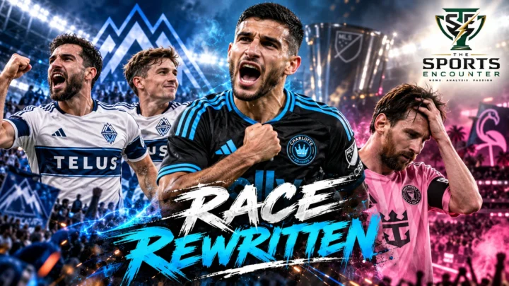 Cinematic MLS illustration featuring Liel Abada celebrating Charlotte's playoff qualification, Brian White and Ryan Gauld representing Vancouver's victory, and Lionel Messi during Inter Miami's 2-2 draw against Cincinnati.