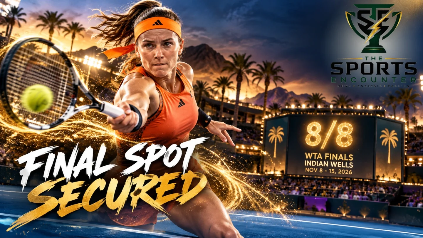 Proposed cinematic tennis illustration of Karolína Muchová celebrating WTA Finals qualification, with Marta Kostyuk and Iga Świątek representing the injury-affected race for the final Indian Wells berth.