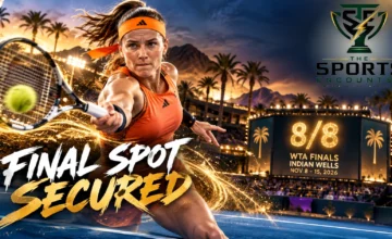 Proposed cinematic tennis illustration of Karolína Muchová celebrating WTA Finals qualification, with Marta Kostyuk and Iga Świątek representing the injury-affected race for the final Indian Wells berth.