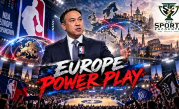 NBA Deputy Commissioner Mark Tatum and FIBA representatives pictured with European basketball arenas, illustrating the proposed NBA Europe launch in October 2027 amid competition with EuroLeague.