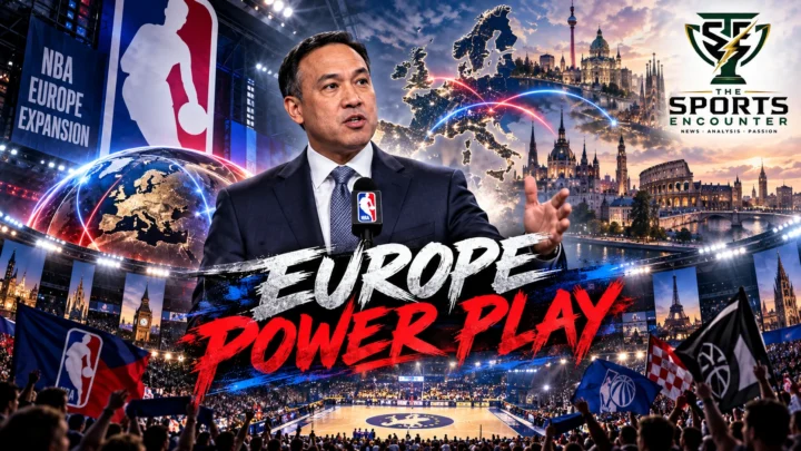 NBA Deputy Commissioner Mark Tatum and FIBA representatives pictured with European basketball arenas, illustrating the proposed NBA Europe launch in October 2027 amid competition with EuroLeague.
