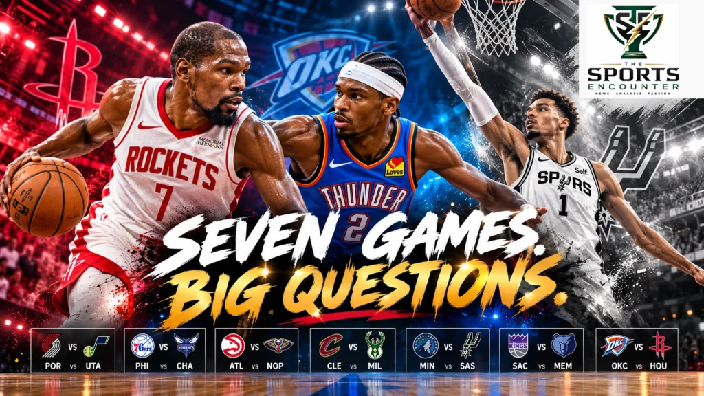 Cinematic illustration featuring Kevin Durant, Shai Gilgeous-Alexander and Victor Wembanyama ahead of seven NBA games on October 31, 2026, with team matchup graphics and The Sports Encounter logo.