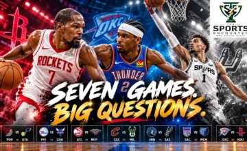 Cinematic illustration featuring Kevin Durant, Shai Gilgeous-Alexander and Victor Wembanyama ahead of seven NBA games on October 31, 2026, with team matchup graphics and The Sports Encounter logo.