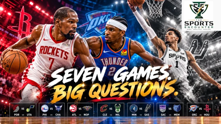 Cinematic illustration featuring Kevin Durant, Shai Gilgeous-Alexander and Victor Wembanyama ahead of seven NBA games on October 31, 2026, with team matchup graphics and The Sports Encounter logo.