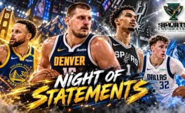 Cinematic NBA editorial illustration featuring Nikola Jokić, Cooper Flagg, Stephen Curry and Victor Wembanyama, representing the key performances from October 28, 2026, with The Sports Encounter's official logo.