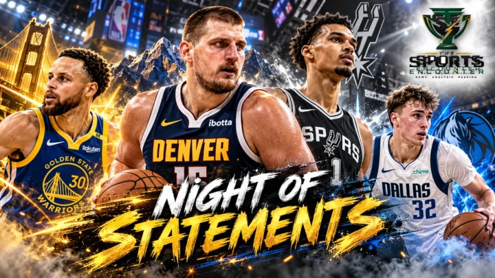 Cinematic NBA editorial illustration featuring Nikola Jokić, Cooper Flagg, Stephen Curry and Victor Wembanyama, representing the key performances from October 28, 2026, with The Sports Encounter's official logo.