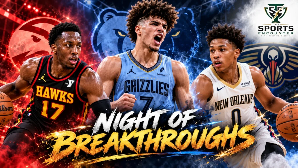 Cinematic NBA illustration featuring Cameron Boozer celebrating Memphis' unbeaten start, Onyeka Okongwu leading Atlanta's comeback, and Jeremiah Fears driving New Orleans to its first victory on October 29, 2026.