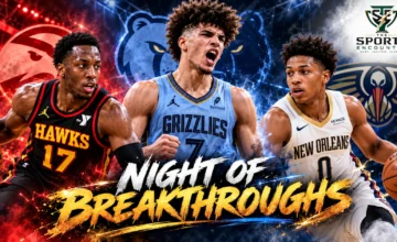Cinematic NBA illustration featuring Cameron Boozer celebrating Memphis' unbeaten start, Onyeka Okongwu leading Atlanta's comeback, and Jeremiah Fears driving New Orleans to its first victory on October 29, 2026.