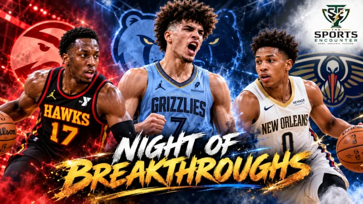 Cinematic NBA illustration featuring Cameron Boozer celebrating Memphis' unbeaten start, Onyeka Okongwu leading Atlanta's comeback, and Jeremiah Fears driving New Orleans to its first victory on October 29, 2026.