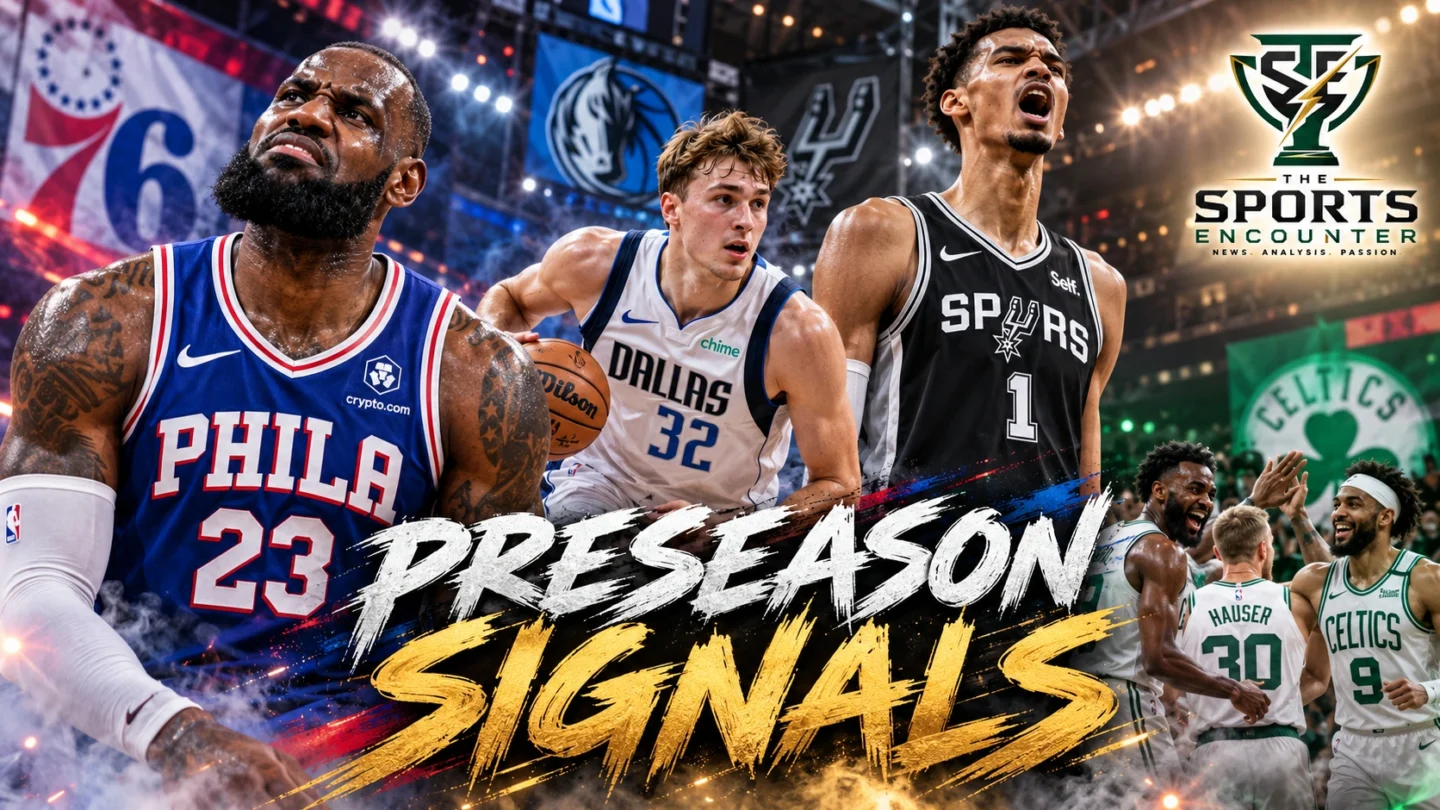 Cinematic NBA preseason 2026 collage featuring Philadelphia 76ers, Dallas Mavericks, San Antonio Spurs, and celebrating Boston Celtics players, with “Preseason Signals” in bold brushstroke lettering and The Sports Encounter logo.