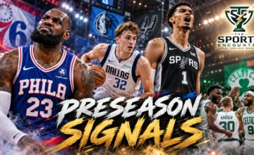 Cinematic NBA preseason 2026 collage featuring Philadelphia 76ers, Dallas Mavericks, San Antonio Spurs, and celebrating Boston Celtics players, with “Preseason Signals” in bold brushstroke lettering and The Sports Encounter logo.