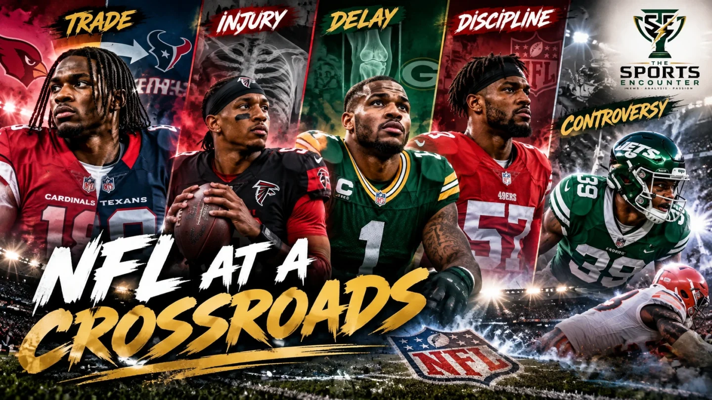 Marvin Harrison Jr., Michael Penix Jr., Micah Parsons, Dre Greenlaw and Minkah Fitzpatrick in a cinematic NFL 2026 collage illustrating a major trade, injury concerns and defensive controversies.