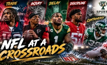 Marvin Harrison Jr., Michael Penix Jr., Micah Parsons, Dre Greenlaw and Minkah Fitzpatrick in a cinematic NFL 2026 collage illustrating a major trade, injury concerns and defensive controversies.