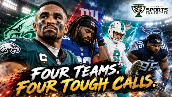 Philadelphia Eagles quarterback Jalen Hurts, New York Giants running back Najee Harris, former Ravens kicker Justin Tucker and Tennessee Titans defensive lineman Jordan Elliott featured in an NFL October 20, 2026, news roundup.