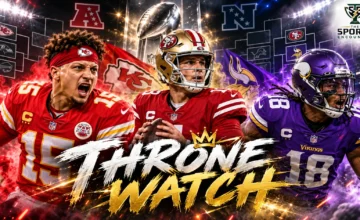 Graphic comparing the undefeated San Francisco 49ers (5-0), Minnesota Vikings (5-0) and Kansas City Chiefs (4-0) after Week 5 of the 2026 NFL season.