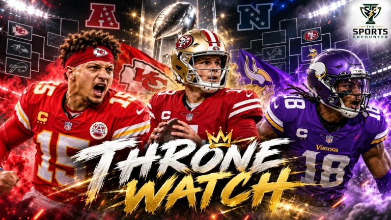 Graphic comparing the undefeated San Francisco 49ers (5-0), Minnesota Vikings (5-0) and Kansas City Chiefs (4-0) after Week 5 of the 2026 NFL season.