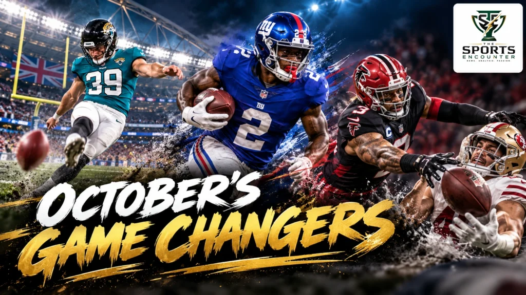 Cinematic NFL October 2026 highlights illustration featuring Deonte Banks returning an interception, Cam Little kicking a decisive field goal and Jessie Bates III forcing a fumble, with The Sports Encounter logo in the upper-right corner.