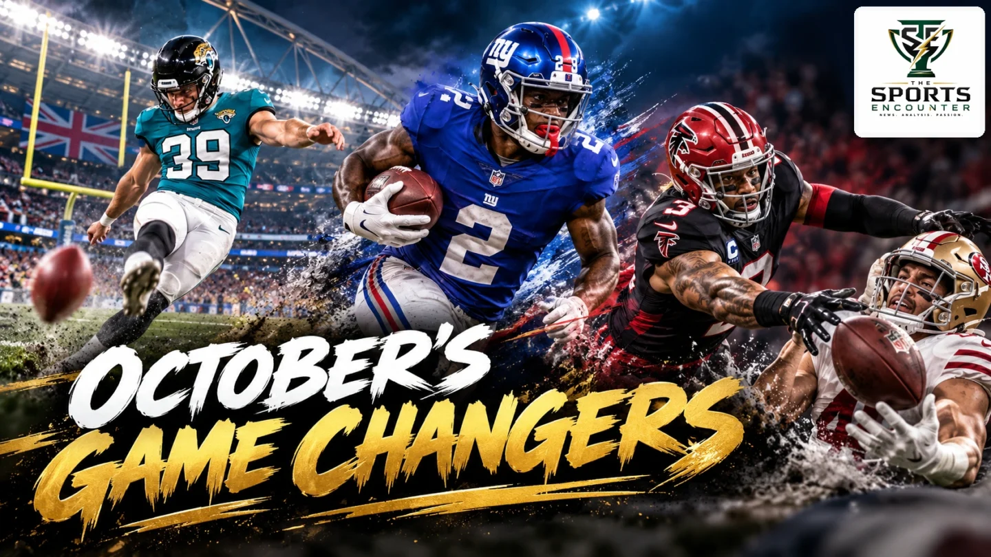 Cinematic NFL October 2026 highlights illustration featuring Deonte Banks returning an interception, Cam Little kicking a decisive field goal and Jessie Bates III forcing a fumble, with The Sports Encounter logo in the upper-right corner.