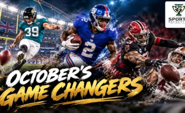 Cinematic NFL October 2026 highlights illustration featuring Deonte Banks returning an interception, Cam Little kicking a decisive field goal and Jessie Bates III forcing a fumble, with The Sports Encounter logo in the upper-right corner.