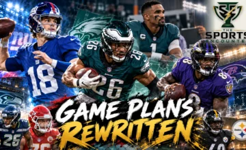 Cinematic NFL Week 7 illustration featuring Jalen Hurts, Lamar Jackson, Saquon Barkley and J.J. McCarthy in different football scenes, reflecting injury concerns, possible returns and quarterback changes, with The Sports Encounter's official logo.