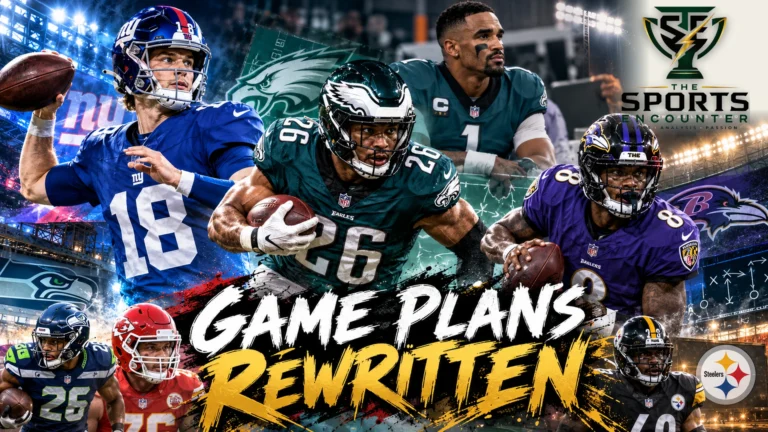 Cinematic NFL Week 7 illustration featuring Jalen Hurts, Lamar Jackson, Saquon Barkley and J.J. McCarthy in different football scenes, reflecting injury concerns, possible returns and quarterback changes, with The Sports Encounter's official logo.
