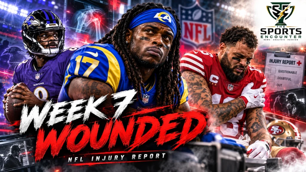 Editorial illustration of Davante Adams with the Los Angeles Rams, Lamar Jackson with the Baltimore Ravens and Mike Evans with the San Francisco 49ers, highlighting major NFL Week 7 injury concerns.