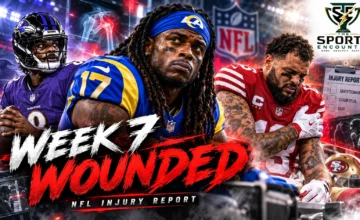 Editorial illustration of Davante Adams with the Los Angeles Rams, Lamar Jackson with the Baltimore Ravens and Mike Evans with the San Francisco 49ers, highlighting major NFL Week 7 injury concerns.