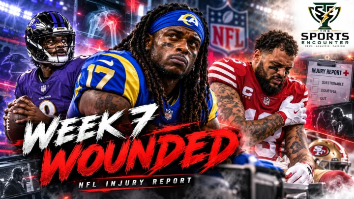 Editorial illustration of Davante Adams with the Los Angeles Rams, Lamar Jackson with the Baltimore Ravens and Mike Evans with the San Francisco 49ers, highlighting major NFL Week 7 injury concerns.