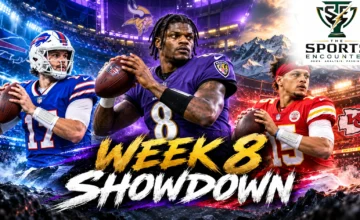 Cinematic VFX illustration previewing NFL Week 8 in November 2026, featuring Lamar Jackson, Josh Allen and key NFL contenders under stadium lights with The Sports Encounter logo.