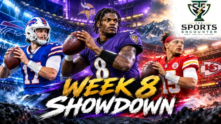 Cinematic VFX illustration previewing NFL Week 8 in November 2026, featuring Lamar Jackson, Josh Allen and key NFL contenders under stadium lights with The Sports Encounter logo.
