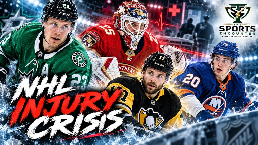 Dallas Stars defenseman Esa Lindell, Florida Panthers goaltender Jacob Markstrom, Pittsburgh Penguins forward Bryan Rust and New York Islanders players featured in a composite illustrating NHL injuries on October 20, 2026.