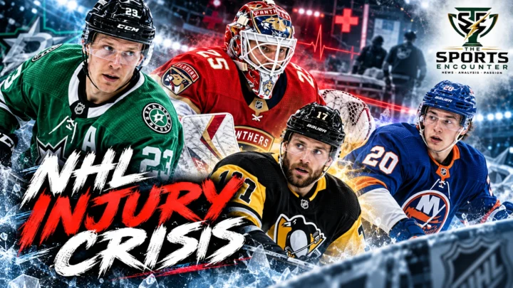 Dallas Stars defenseman Esa Lindell, Florida Panthers goaltender Jacob Markstrom, Pittsburgh Penguins forward Bryan Rust and New York Islanders players featured in a composite illustrating NHL injuries on October 20, 2026.
